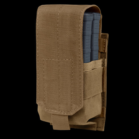 The Condor Single M14 Mag Pouch Gen II in tan securely holds a blue rifle magazine with a flap cover. Ideal for military use or range gear, its designed for sturdy attachment to belts or equipment.